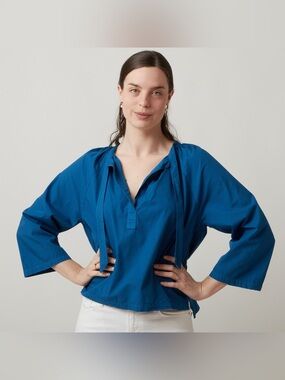 New The Little Project Harper Nantucket Relaxed Tie-Neck Cotton Shirt Blue Azure
